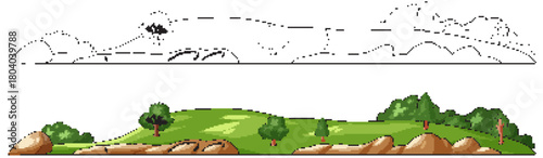 Rolling Green Hills with Trees and Rocks Vector Illustration