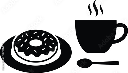 Simple black silhouette of a donut and a steaming coffee cup with a spoon