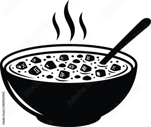 Hand drawn illustration of a steaming bowl of soup with a spoon
