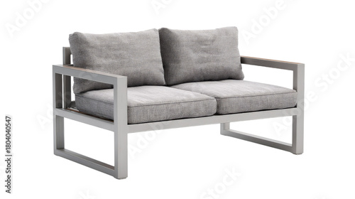 Modern two-seater outdoor sofa featuring a sleek light gray metal frame and comfortable checkered gray fabric cushions, ideal for contemporary patio spaces. background removed