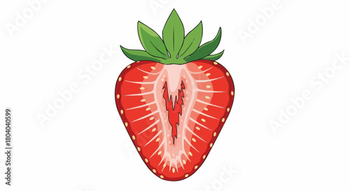 A vibrant red strawberry cut in half, revealing its juicy interior and tiny seeds on a white background.