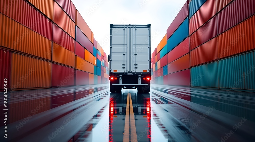 Fototapeta premium a vast cargo terminal, stacked shipping containers in vibrant shades of orange, red, and blue, reflecting the bright sunlight, industrial landscape, streamlined perspective,
