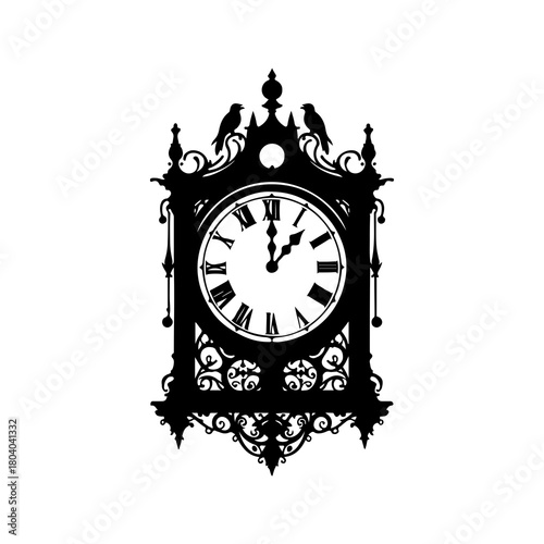 Gothic Victorian Clock Silhouette Vector Set. Creepy horror antique clock illustration collection isolated on white background.