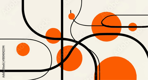 Abstract minimalist design featuring thick black lines and vibrant orange circles on a clean, light-colored background.