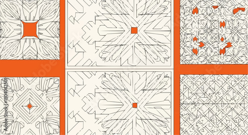 A collection of six intricate geometric and abstract line art patterns on a vibrant orange background.