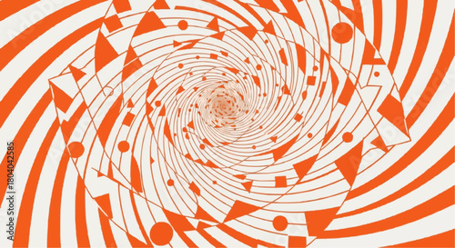 An orange and white psychedelic spiral with geometric shapes creating a hypnotic optical illusion.