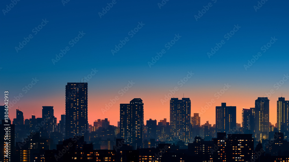Obraz premium skyscrapers. A warm evening cityscape with glowing lights, reflecting modern urban charm at twilight. travel magazines, destination branding, designed for travel destination branding.