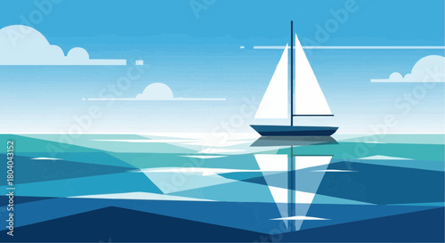 A minimalist illustration of a white sailboat with its reflection on calm blue geometric water under a clear sky.