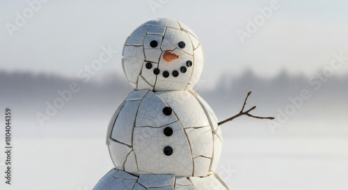 Porcelain Shard Snowman With Glinting Fractured Edges and Subtle Winter Fog in an Ultra-Realistic Scene
