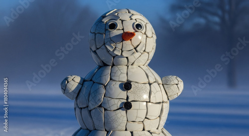 Porcelain Shard Snowman With Glinting Fractured Edges and Subtle Winter Fog in an Ultra-Realistic Scene