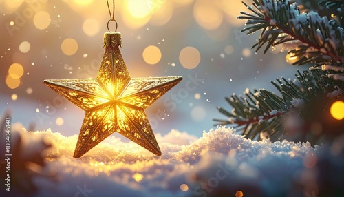 Glowing star ornament in snowy pine with warm bokeh lights at dusk