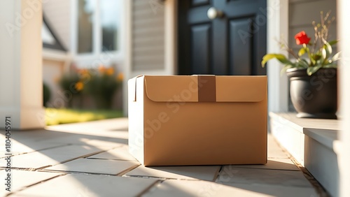  A brown parcel box resting on a doorstep bathed in gentle morning sunlight. 