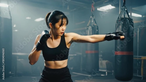 Female athlete in black sports bra and shorts, engaging in boxing workout. Gym with weightlifting equipment.