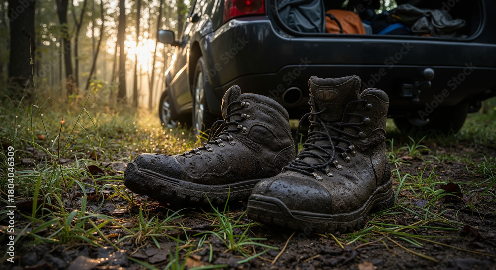 Fototapeta premium Outdoor hiking boots resting on grass near car in forest 