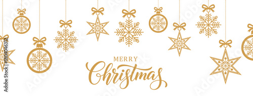 White Christmas banner with "Merry Christmas" script in gold lettering centered below a decorative border of hanging ornaments, detailed snowflakes, and star shapes, all in a matching gold tone. Ideal