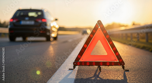Red warning triangle placed on road with car in background at sunset  