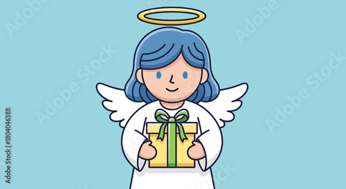 Cute Cartoon Christmas Angel with Gift Box