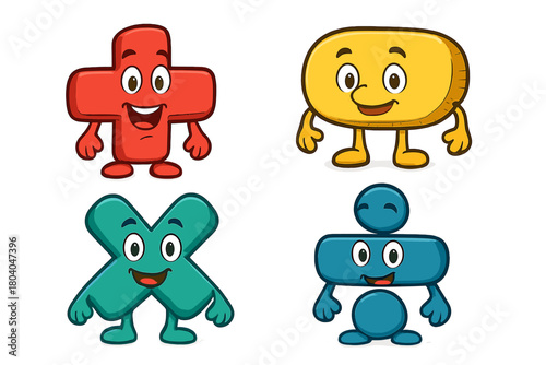 Cheerful anthropomorphic arithmetic operation symbols characters set