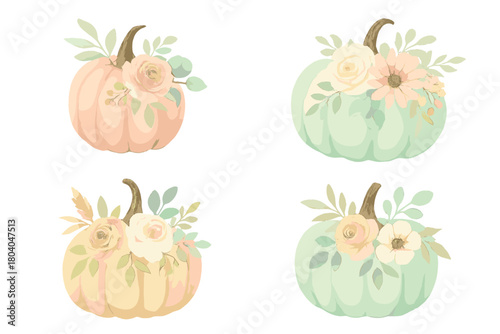 Pastel pumpkins adorned with soft floral arrangements for autumn decor