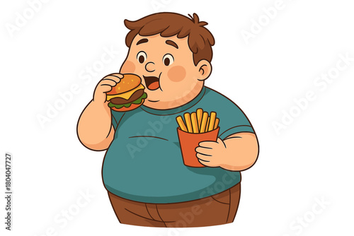 Overweight child consuming cheeseburger and french fries meal