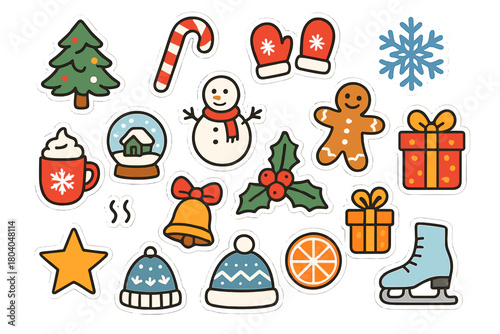 Set of cute winter and Christmas holiday sticker icons for seasonal design