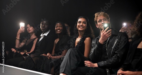 Photos People, crowd and catwalk with phone for fashion show, garment collection or designer brand