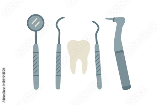 Set of dental tools and molar tooth icon isolated on white background