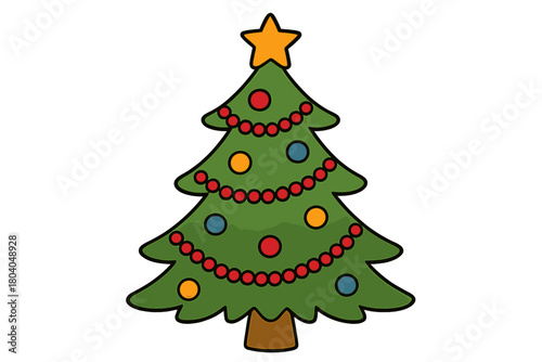 Stylized decorated Christmas tree with star topper and colorful ornaments