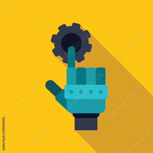 Robotic hand touching gear setting in motion process automation, symbolizing industrial progress and technological advancement