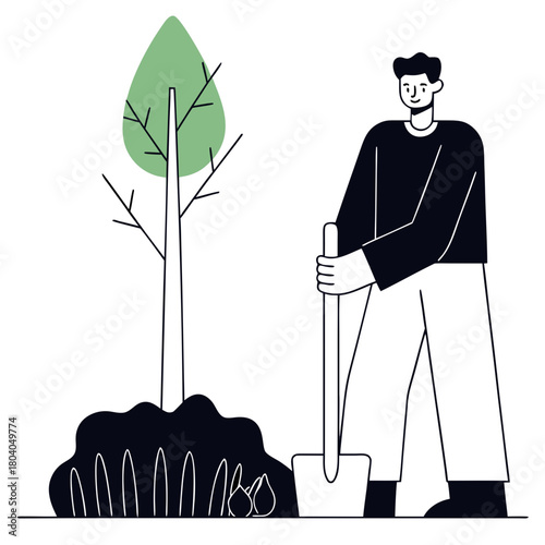 Man planting tree with shovel in garden, promoting environmental awareness and sustainability