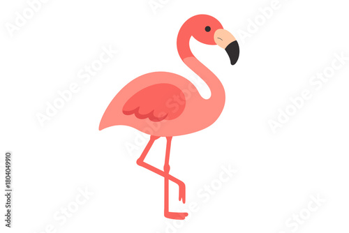 Stylized pink flamingo standing on one leg isolated on white background