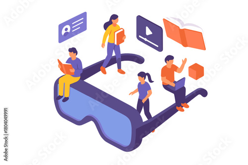 Isometric figures interacting with virtual reality headset and digital learning content