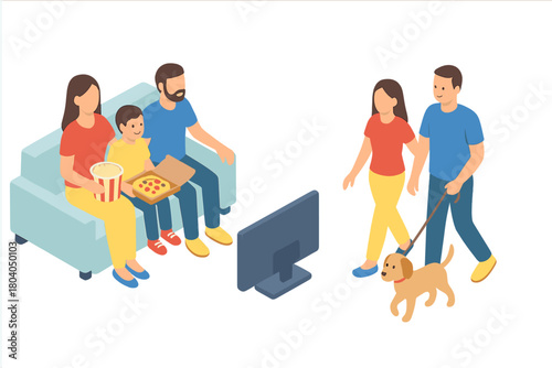 Family enjoying leisure time with television and dog walking isometric view