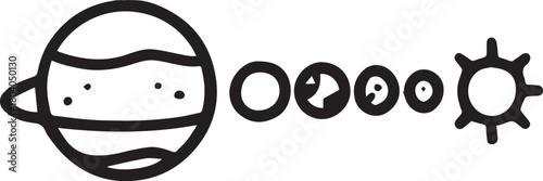 A simple illustration of the solar system, with planets orbiting the sun, is depicted in a minimalistic style. This black and white drawing shows the sun, planets, and rings. 