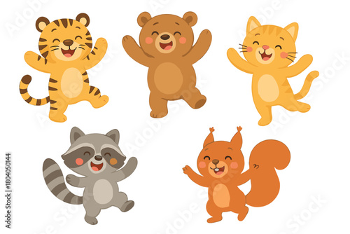 Five cheerful cartoon wild animals jumping and dancing together