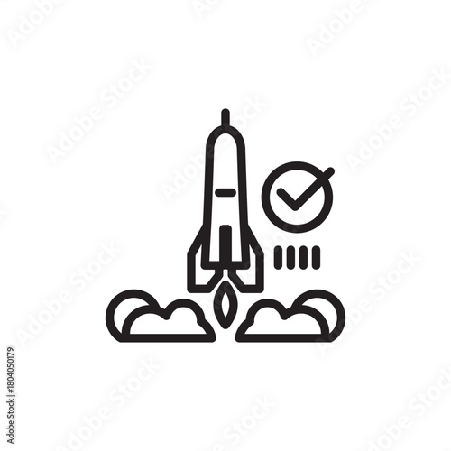 Hypersonic Testing icon symbolizing successful launch and high-speed data validation. Features a rocket launching with a checkmark, representing flight readiness and advanced aerospace engineering.