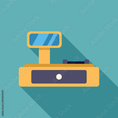 Modern electronic cash register with a digital display and a drawer, casting a long shadow on a teal background