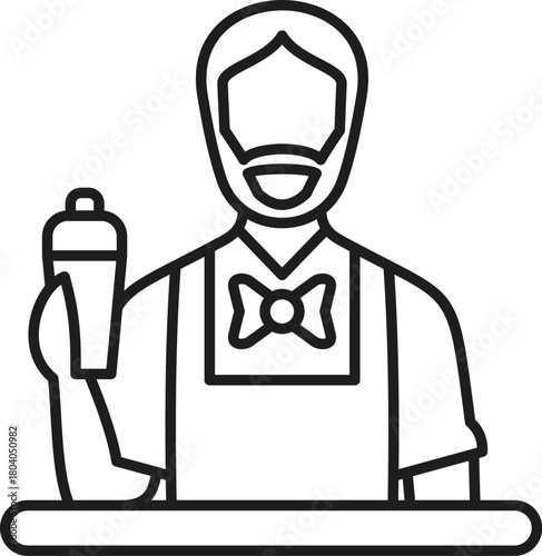 Bearded bartender wearing bow tie and apron holding cocktail shaker behind bar counter preparing drinks