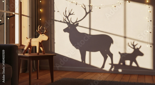 Living Room With Wooden Toy Casting Reindeer Shadow Under Warm Fairy Lights in a Subtle Magical Realism Scene