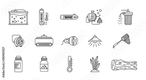 Detailed Line Icons Representing Modern Aquarium Equipment and Aquatic Life Maintenance Essentials