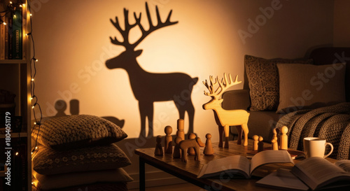Living Room With Wooden Toy Casting Reindeer Shadow Under Warm Fairy Lights in a Subtle Magical Realism Scene