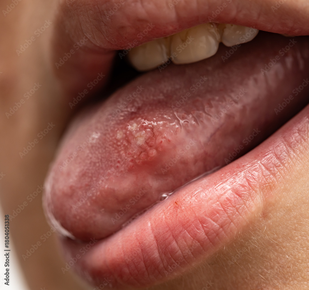 Obraz premium A woman's tongue is red and swollen