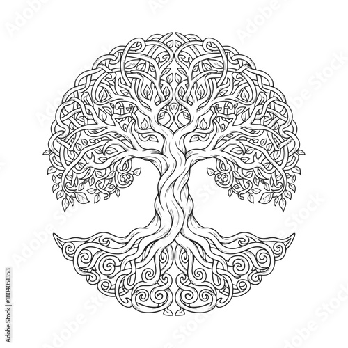 Celtic Tree of Life Vector – Yggdrasil Tree Knotwork Circle Design, Roots and Branches Mandala Vector Illustration, isolated black and white art