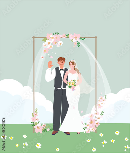 Bride and groom getting married illustration