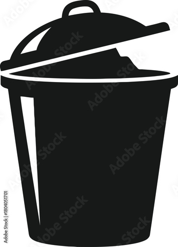 Black trash can with lid slightly open isolated on white background.
