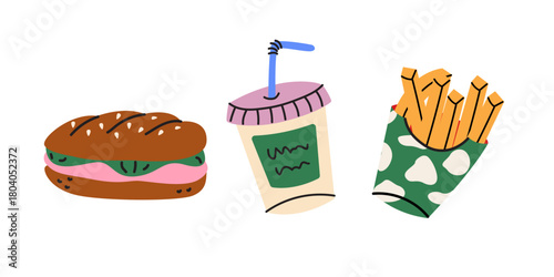 Street food stickers set in retro cartoon style. Fast food elements, burger, sandwich, french fries, drinks, kombucha and other tasty snacks. Unhealthy takeaway food. Vector illustrations