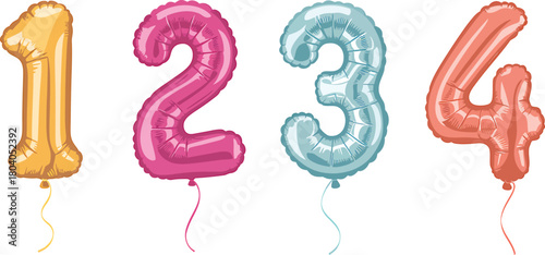 Colorful foil balloon numbers one two three and four isolated on