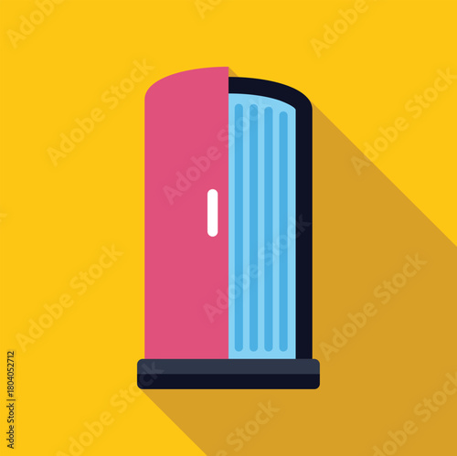 Pink solarium cabin slightly opening its door, revealing blue light therapy equipment, casting a long shadow on a vibrant yellow background