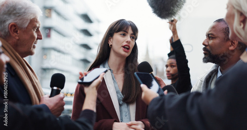 Tableau sur toile Woman, spokesperson and talking to press, city and journalists with election questions or discussion