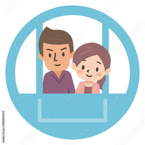 観覧車のゴンドラに乗ってデートを楽しむカップルのシンプルなイラスト